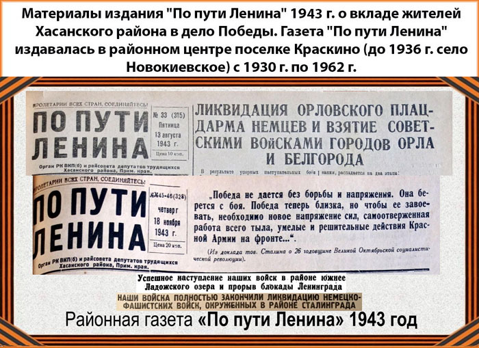 Материалы издания &amp;quot;По пути Ленина&amp;quot; 1943 г. о вкладе жителей Хасанского района в дело Победы.